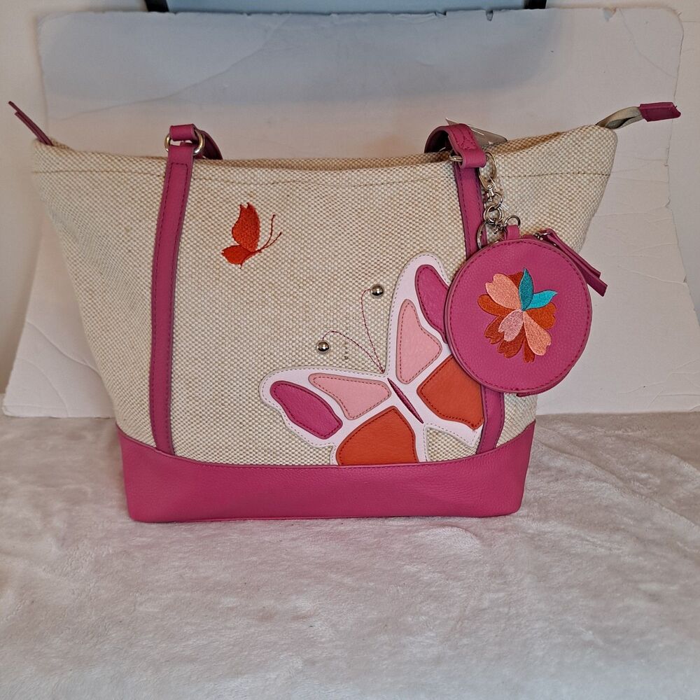 Rosetti Valentina Shoulder Bag Tote Butterfly Design Tan Pink Woven